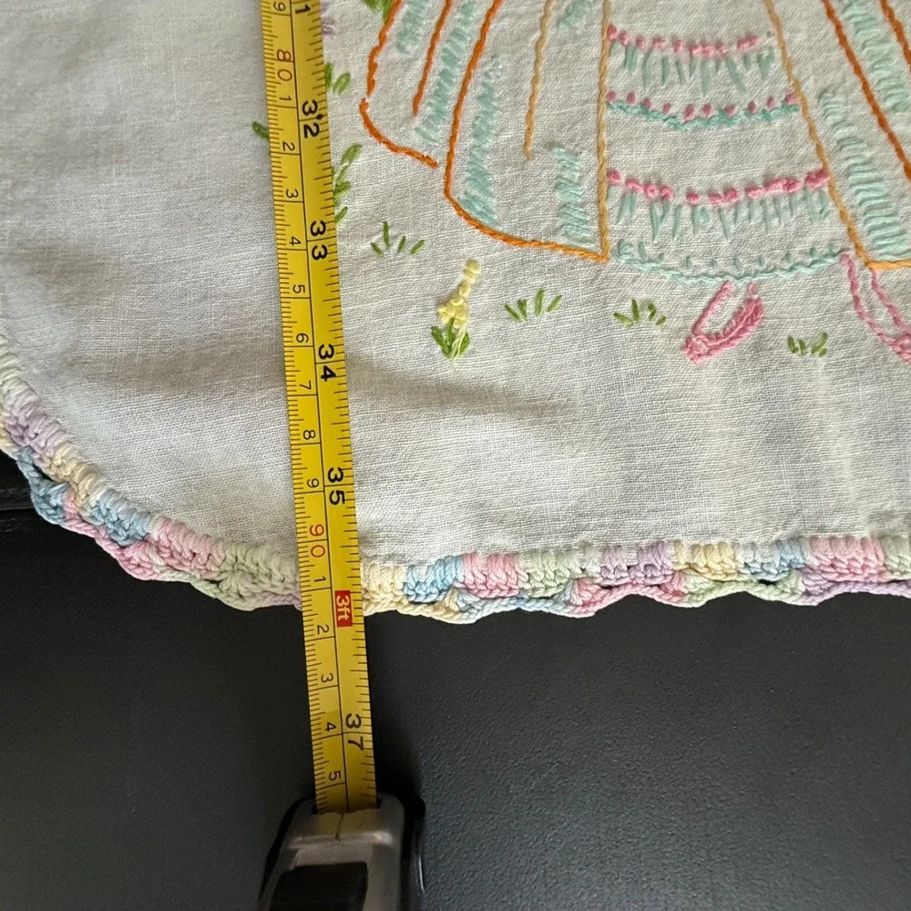 Vintage Hand Embroidered Linen Table Runner Girl Butterfly Pastel Crochet Edge